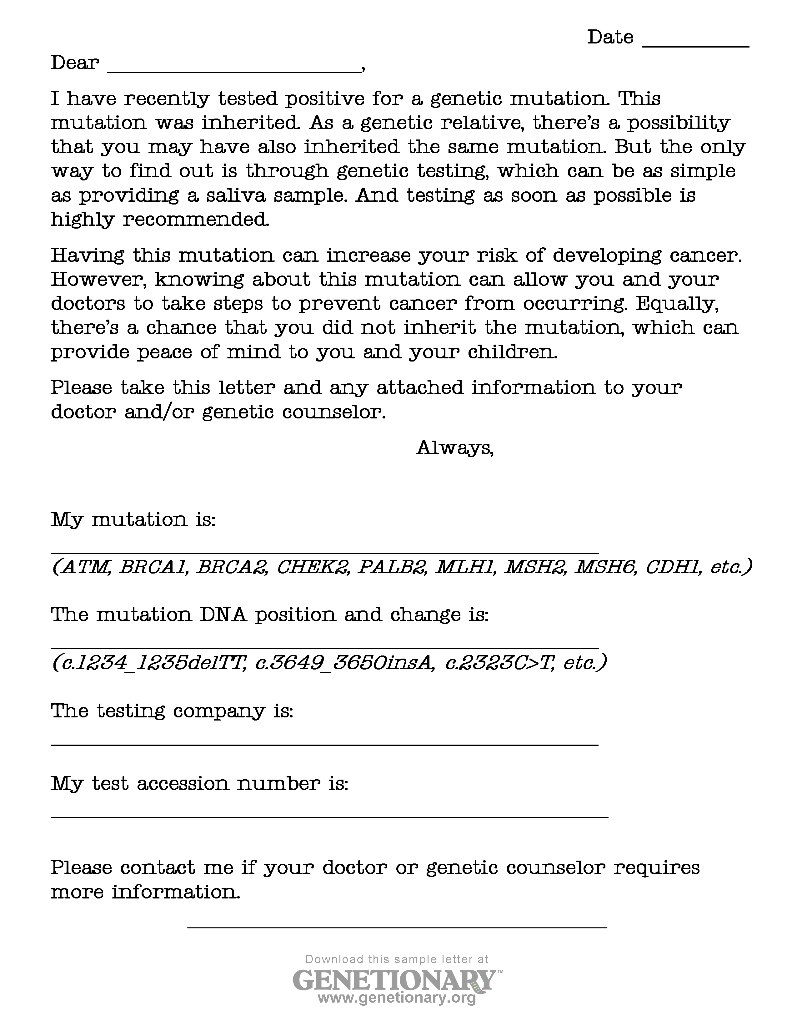 Letter for sharing Mutation Info with family